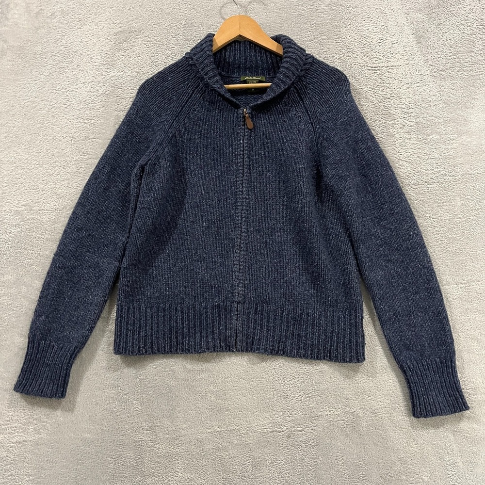 Eddie Bauer Cardigan Sweater Womens‎ M Blue Fisherman Knit Shawl Collar Full Zip